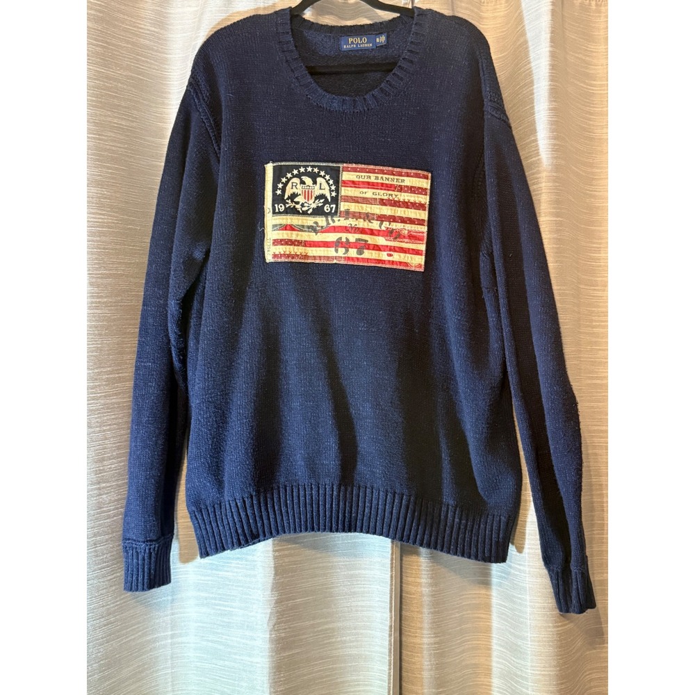 Polo Ralph Lauren Long Sleeve Pullover Crew Sweater with USA Flag Patch - Navy